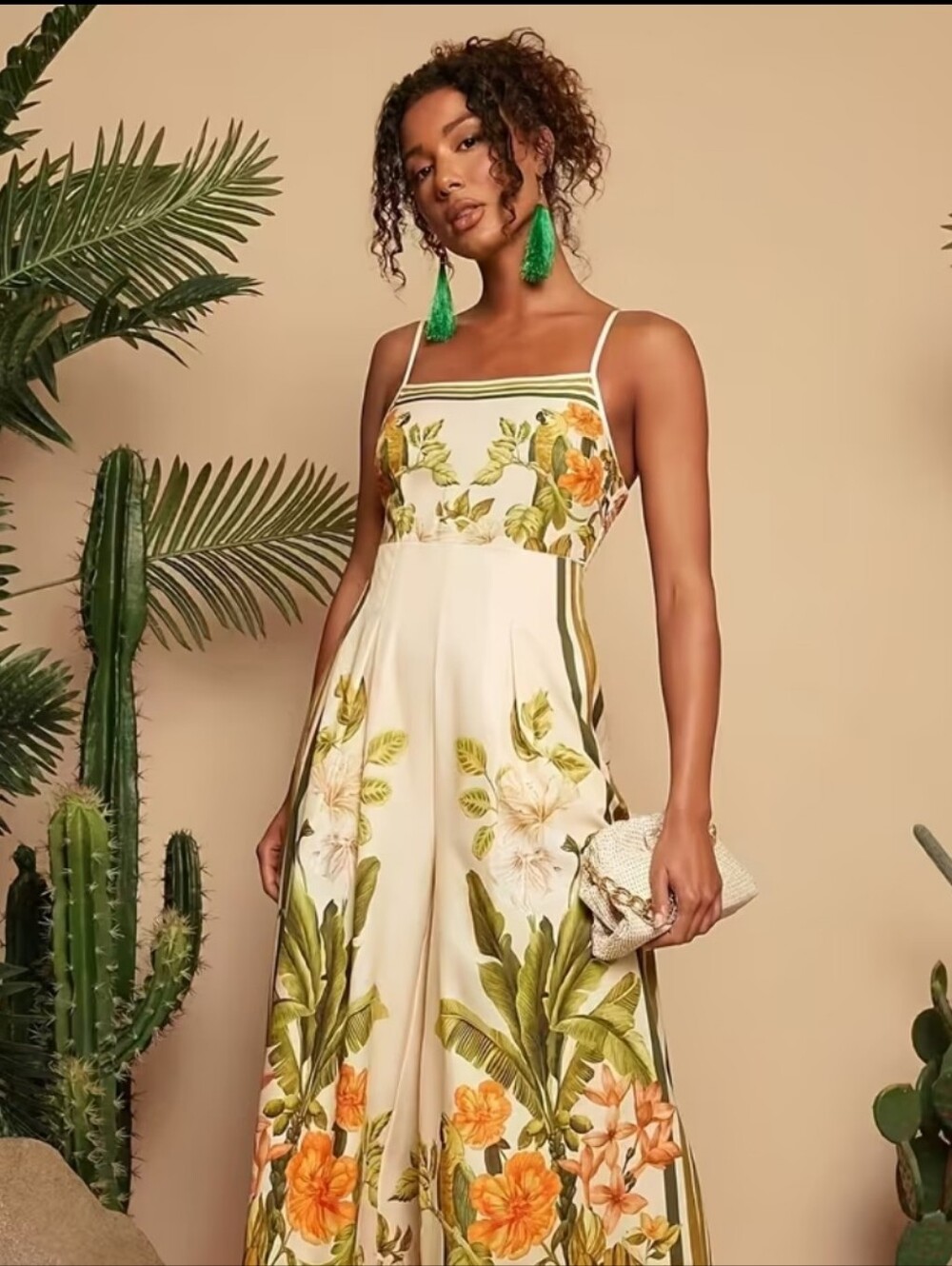 Georgeous Floral Wide-Leg Jumpsuit in Cream with Green and Orange Print